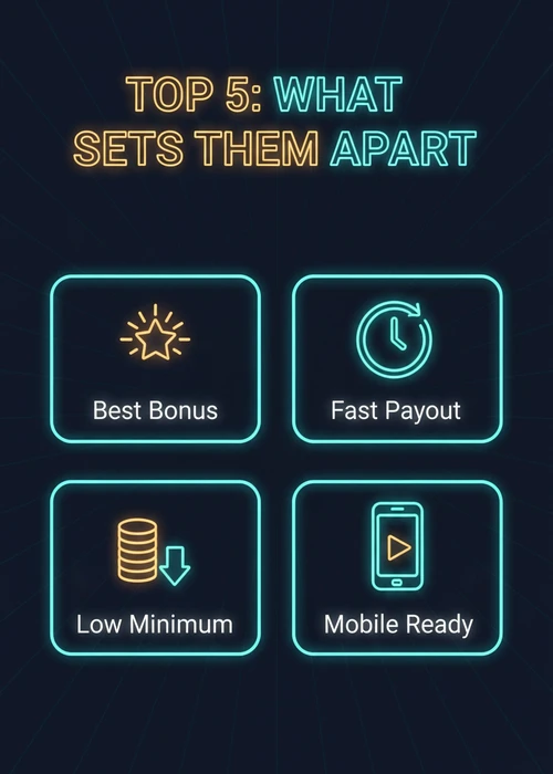 What sets the top 5 Paysafe casinos apart — best bonus, fast payout, low minimum and mobile-ready play.