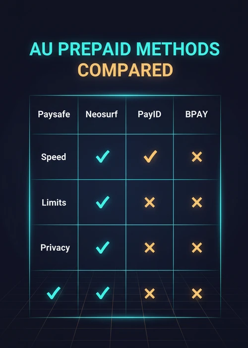 AU prepaid methods compared at the best Paysafe casinos — Paysafe, Neosurf, PayID and BPAY on speed, limits and privacy.