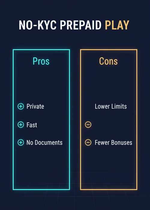No-KYC prepaid play at Paysafe casinos — pros of private, fast, no-documents play versus lower limits and fewer bonuses.