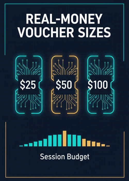 Real-money Paysafe voucher sizes for cash play — $25, $50 and $100 cards mapped to a session budget.