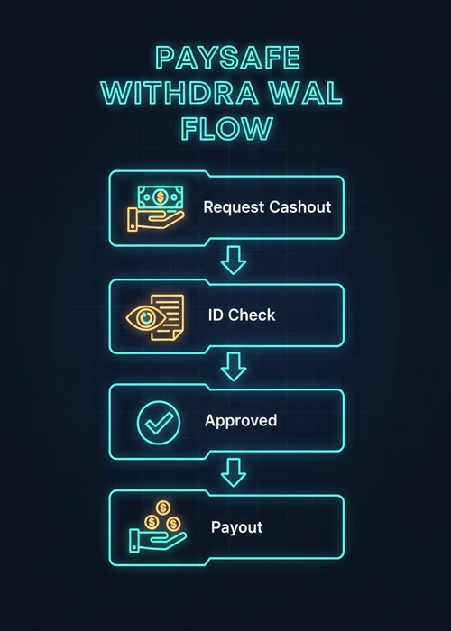 Paysafe casino withdrawal flow — request cashout, ID check, approval and payout for Australian players.