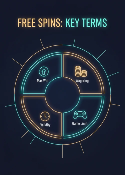 Free spins key terms at Paysafe casinos — wagering, max win, validity and game limit shown as a segmented ring.
