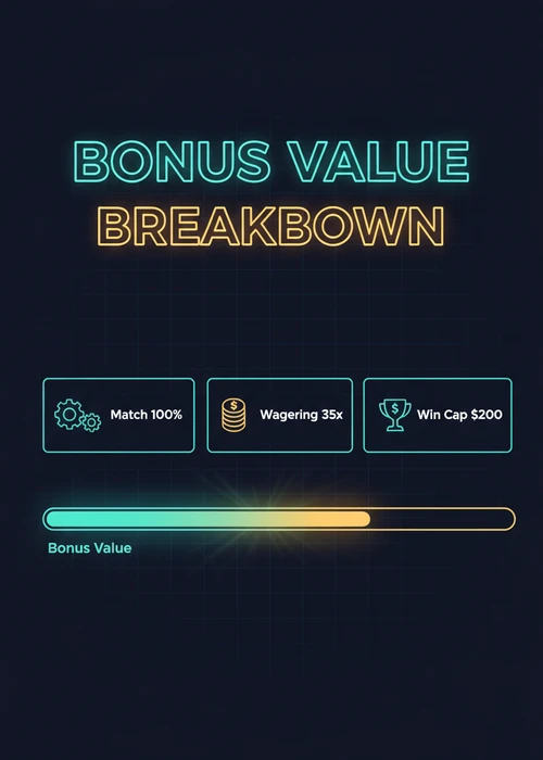 Paysafe casino bonus value breakdown — 100% match, 35x wagering and a $200 win cap for AU welcome deals.